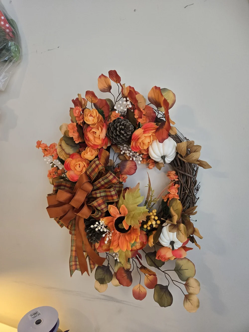 Rust & Orange Autumn Wreath with Plaid Bow